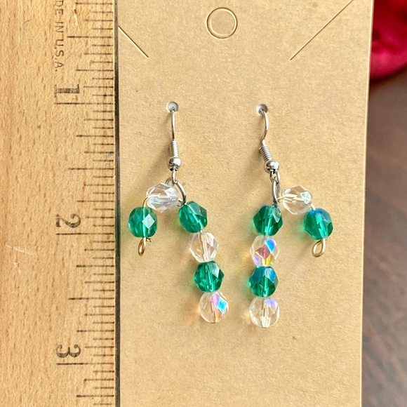 Green & Clear Faceted Beads Candy Cane Earrings - Picture 4 of 7